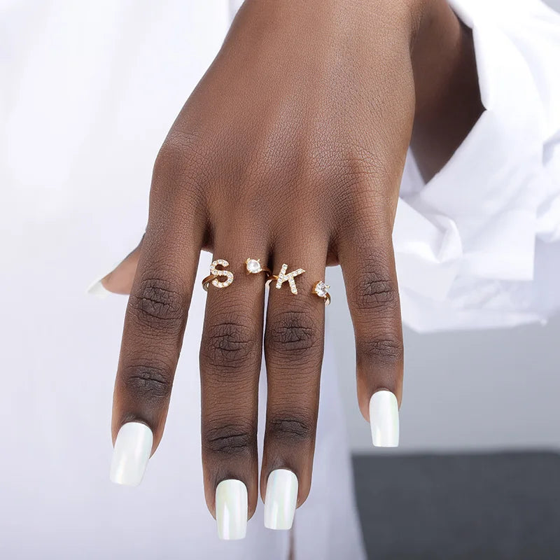 925 Sterling Silver Letter Gold Stackable Alphabet Rings with Initial Adjustable Crystal Inlaid Initial Rings Bridesmaid Gift
