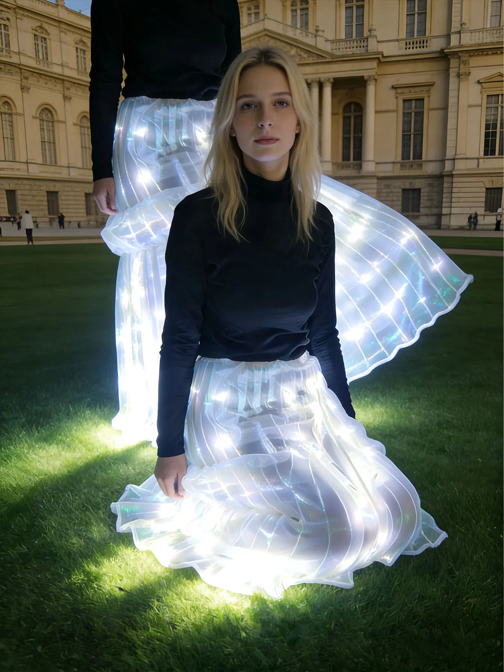 LED skirt, pleated dance skirt, elegant transparent white light celebration performance costume for the stage.