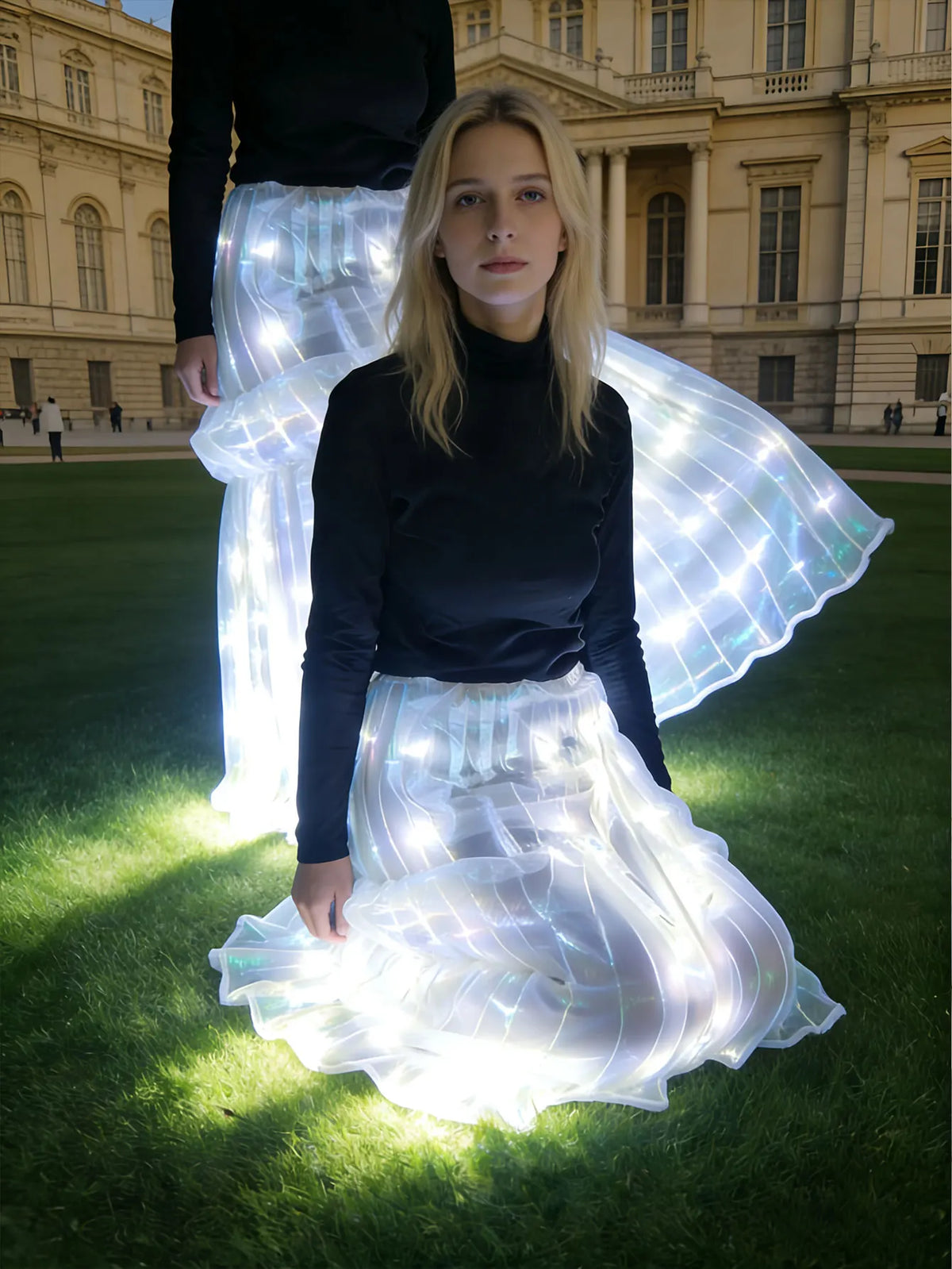 LED skirt, pleated dance skirt, elegant transparent white light celebration performance costume for the stage.
