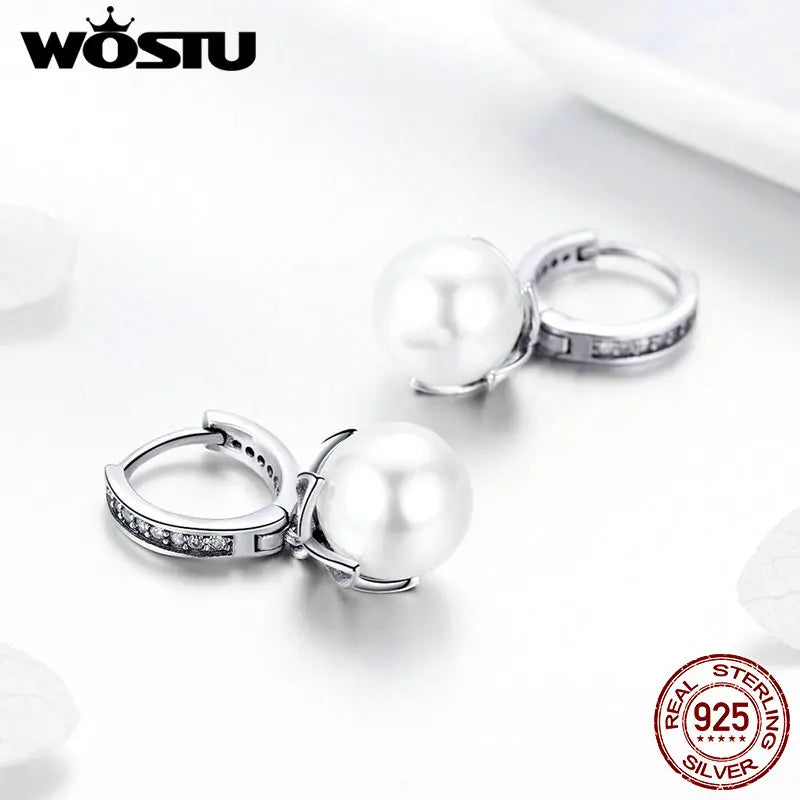 WOSTU Korean Fashion 925 Sterling Silver Freshwater Pearls Stud Earrings Zircon Silver Earrings For Women Wedding Jewelry CQE482