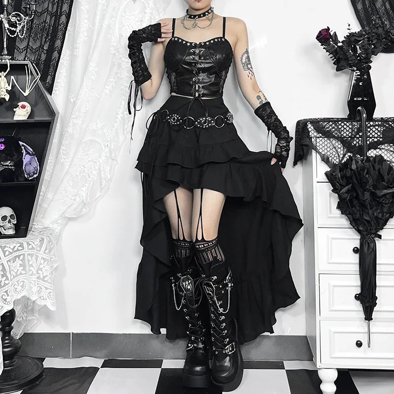 Goth Kawaii Black Tiered Skirts 90S Retro Irregular Hem Party Bottoms Mall Gothic Women Fashion Dragging Skirt Alt Clothing
