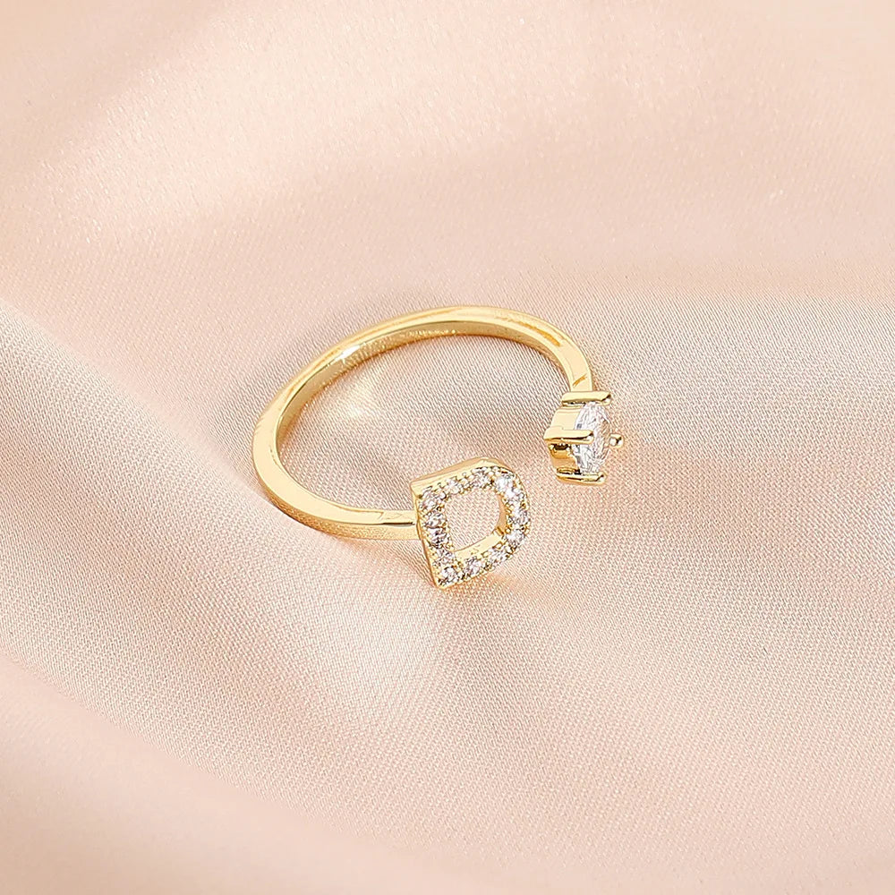 925 Sterling Silver Letter Gold Stackable Alphabet Rings with Initial Adjustable Crystal Inlaid Initial Rings Bridesmaid Gift
