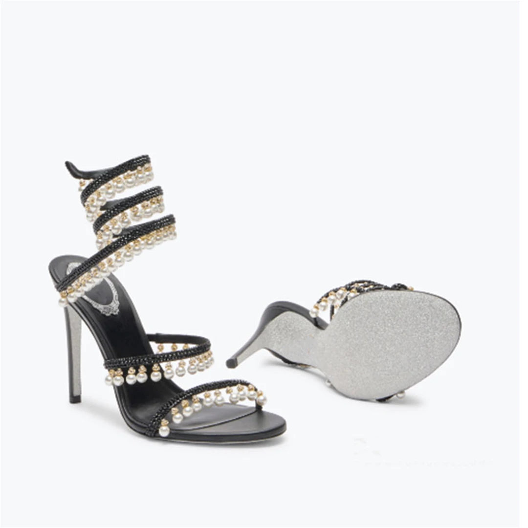Summer new pearl rhinestone wrapped sexy waterproof platform sandals thin high-heeled banquet dress large size women's shoes