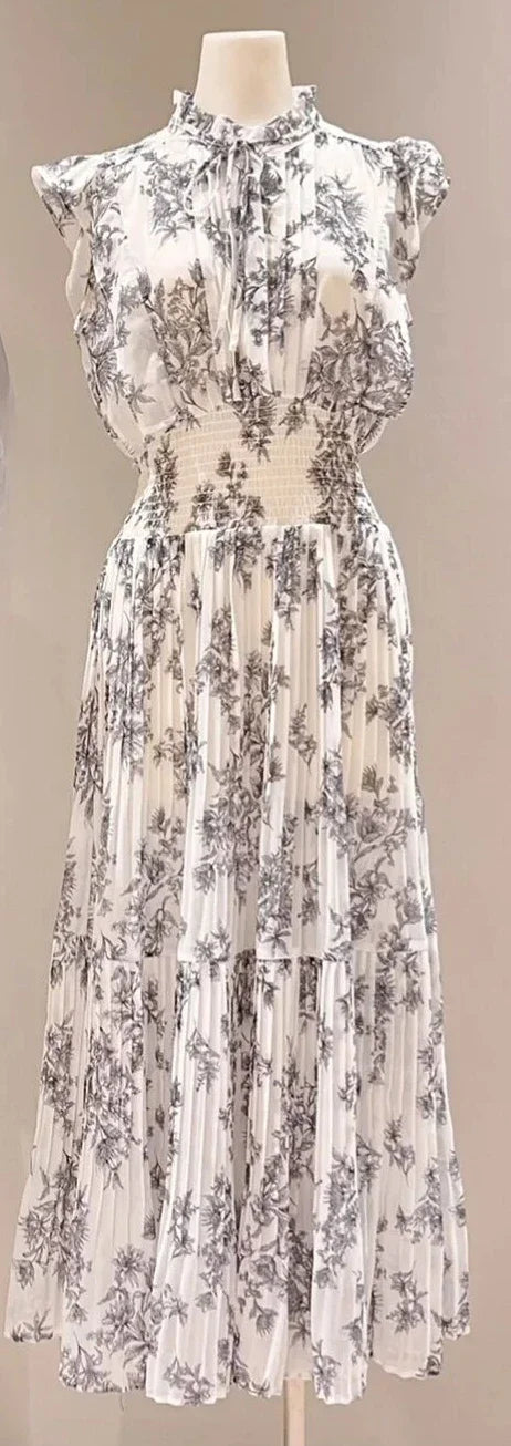 Neploe Fresh Mid-length Print High Waist Robe New Gentle Literary Lace Up Pleated Slim Exquisite Mujer Japan New Elegant Dress