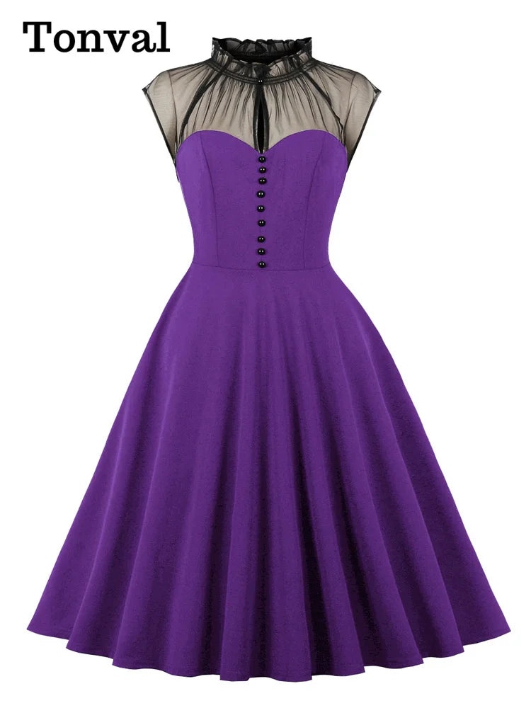 Tonval Stand Collar Button Front Mesh Patchwork Vintage Swing Dress Women Birthday Elegant Evening Party Dresses 2025 Spring