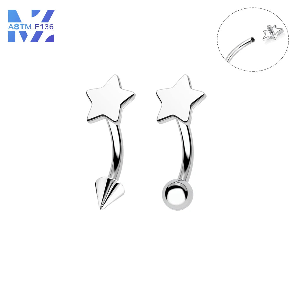 MZ 1Pcs F136 Titanium Eyebrow Stud Pointed Cone Round Ball Star Curved Rod Internal Thread 16G Earrings Body Piercing Jewelry