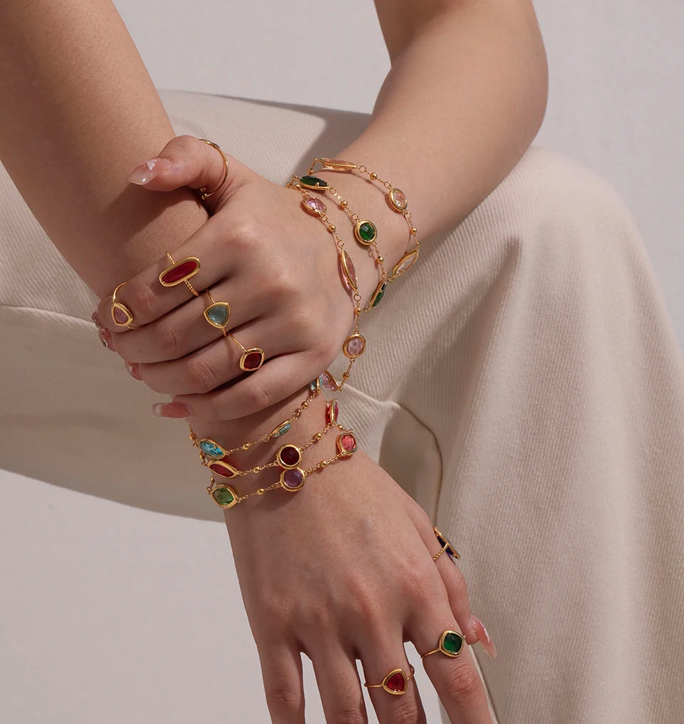 Stainless Steel Chain Necklaces Bracelet For Women 18k Gold Plated With Colorful Faceted Czech Glass Crystal Necklace Bracelets