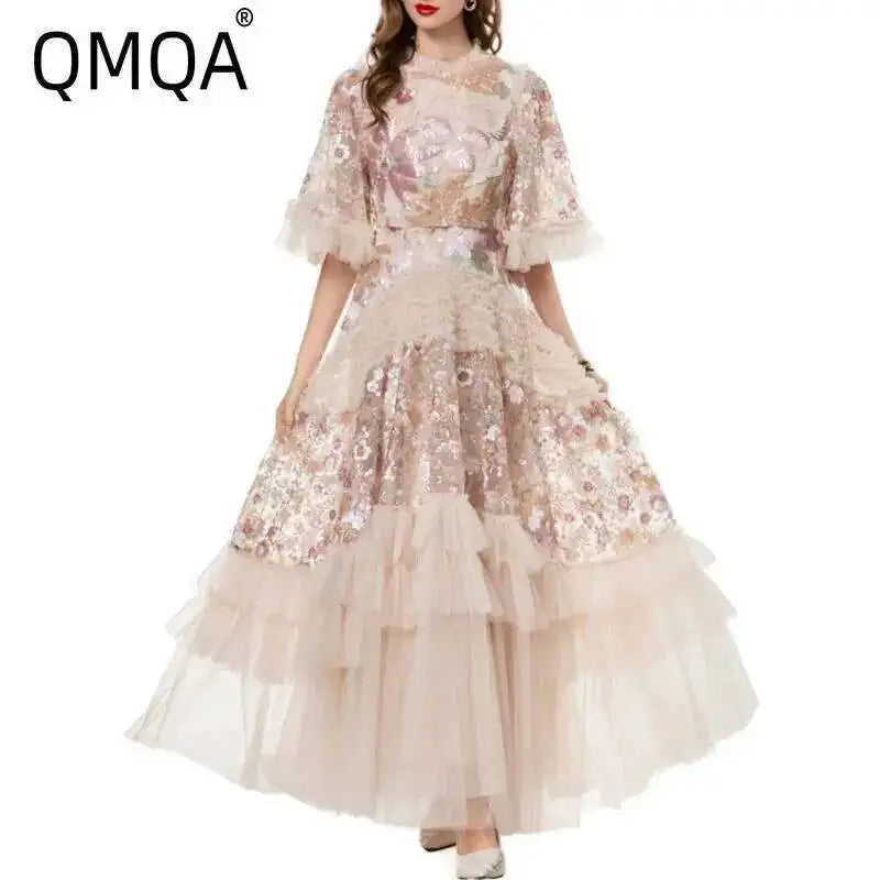 QMQA Fashion Women's Elegant Dress Embroidery Sequin Flare Sleeve Ruffle Puff Cake Dresses 2025 Summer New Female Clothing QM648