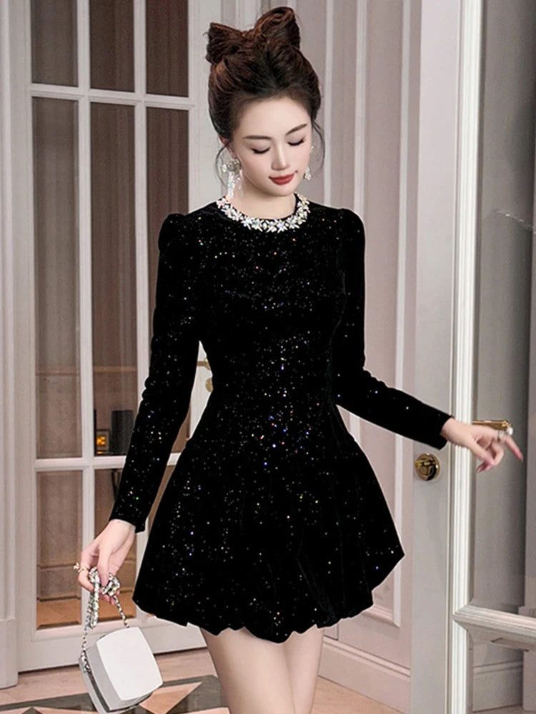Women's Clothing Retro Sweet Party Dress French Elegant Shiny Sequin Short Ball Gown Feminino Birthday Prom Vestidos Fiesta Lady