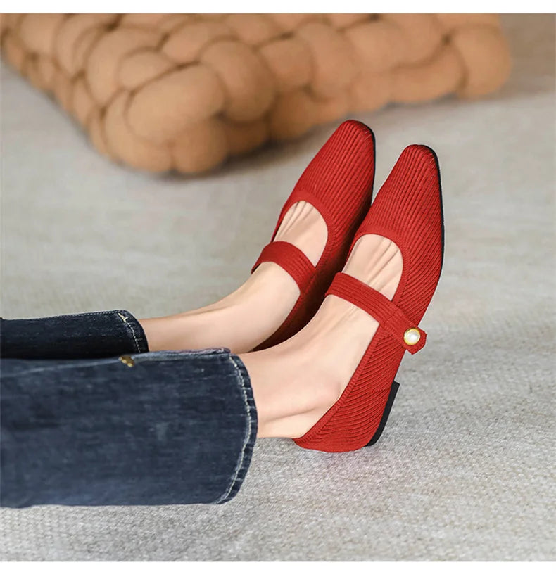 2024 Leisure Weaving Flats Women Ankle Strap Pearl Mary Stretch Fabric Ballerina  Knitting Moccasins  Mesh Ballet Solid Color