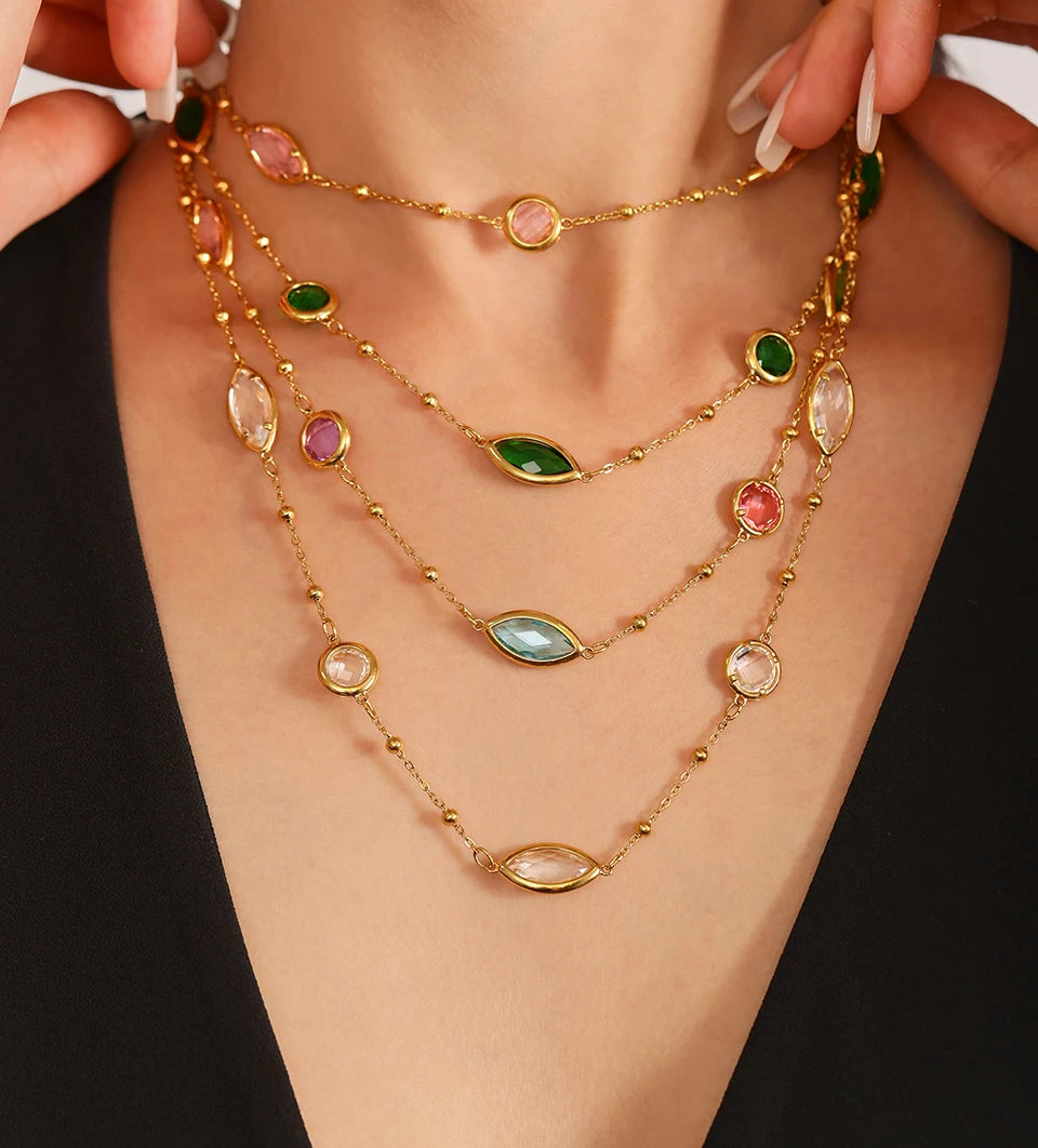 Stainless Steel Chain Necklaces Bracelet For Women 18k Gold Plated With Colorful Faceted Czech Glass Crystal Necklace Bracelets