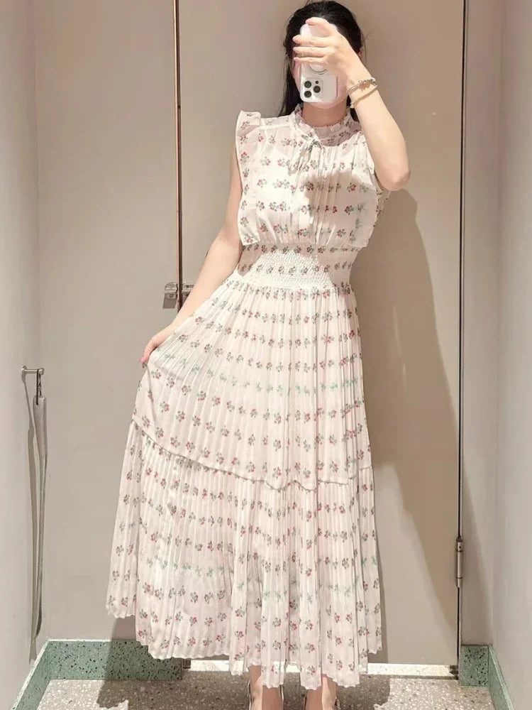 Neploe Fresh Mid-length Print High Waist Robe New Gentle Literary Lace Up Pleated Slim Exquisite Mujer Japan New Elegant Dress