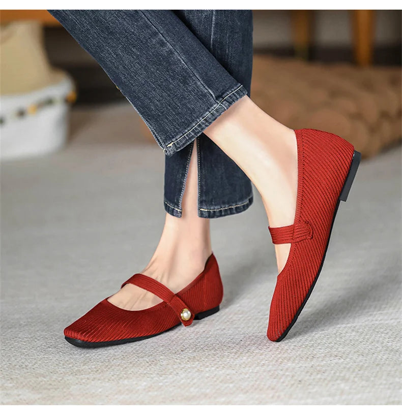2024 Leisure Weaving Flats Women Ankle Strap Pearl Mary Stretch Fabric Ballerina  Knitting Moccasins  Mesh Ballet Solid Color