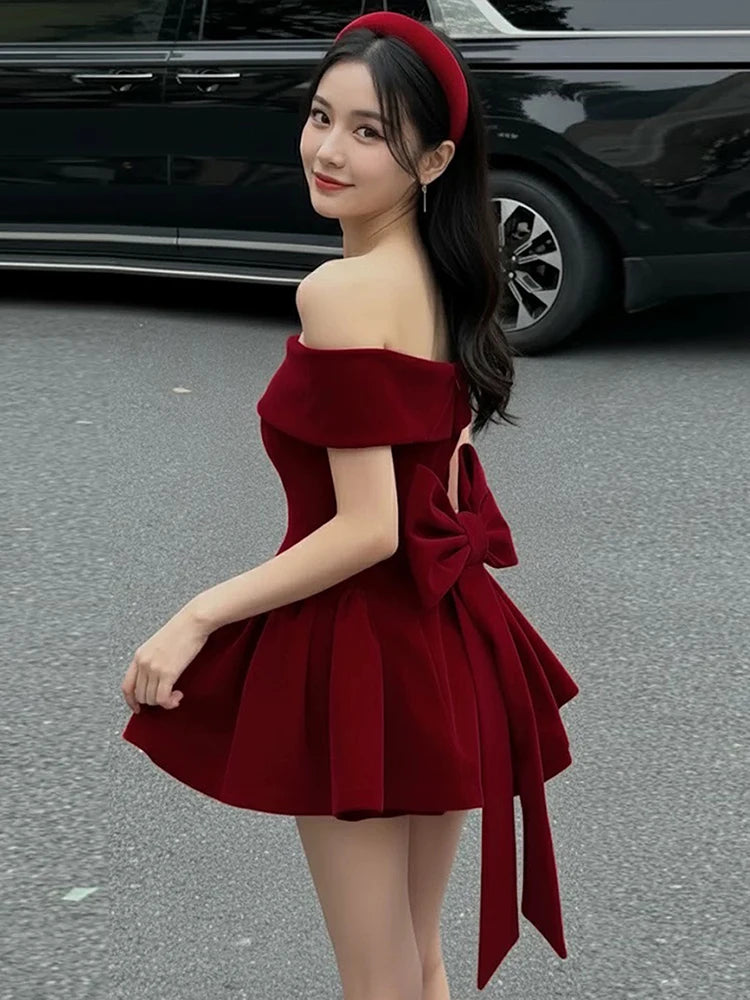 Sisterlind Bow Patchwork Dress Women Noble Chic Slash Neck Sleeveless Zip Ruffled Ruched Stretch Party Prom Banquet Sexy Bodycon