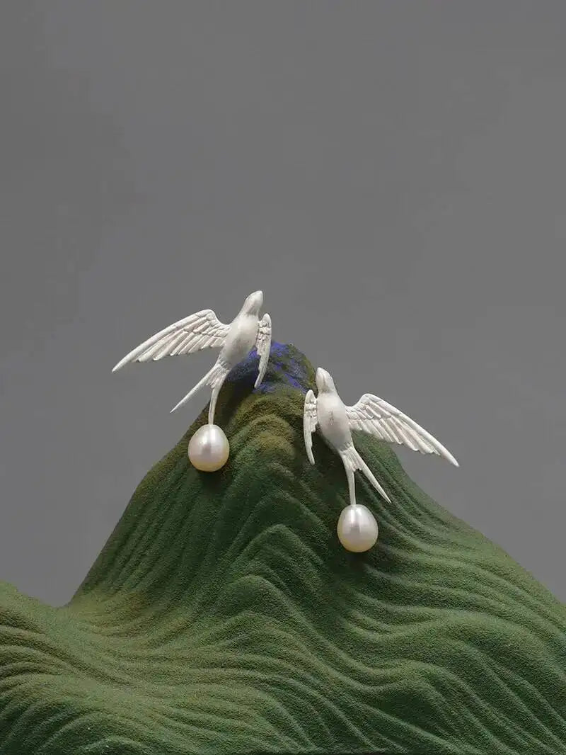 GEEZENCA 925 Silver Pearl 3D Swallow Bird Statement Earrings Women Designer Trendy Dainty Unique Stud Earring Party Gift For Her