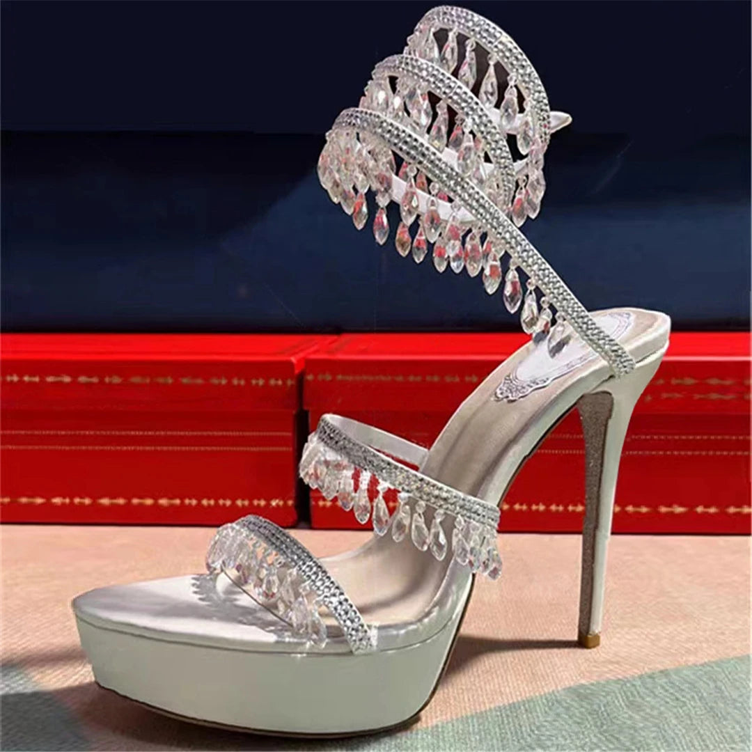 Summer new pearl rhinestone wrapped sexy waterproof platform sandals thin high-heeled banquet dress large size women's shoes
