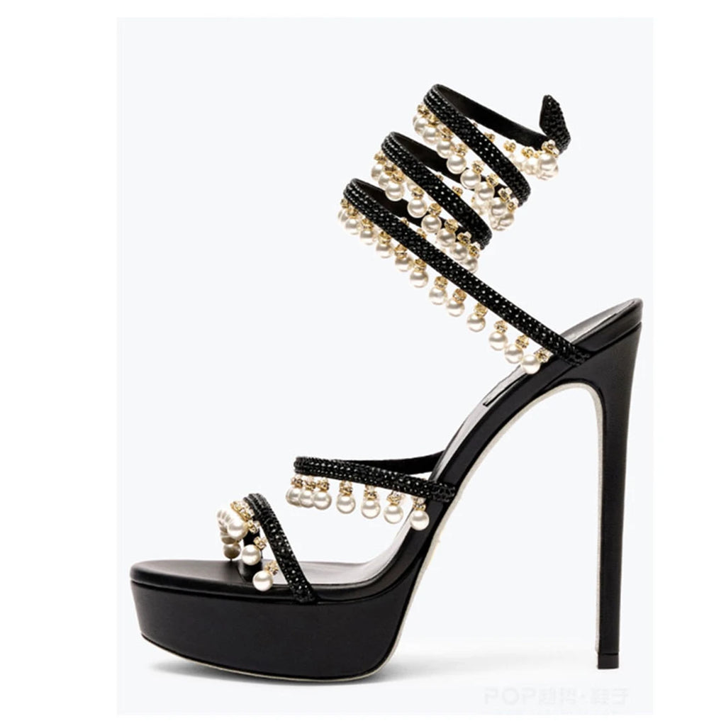 Summer new pearl rhinestone wrapped sexy waterproof platform sandals thin high-heeled banquet dress large size women's shoes