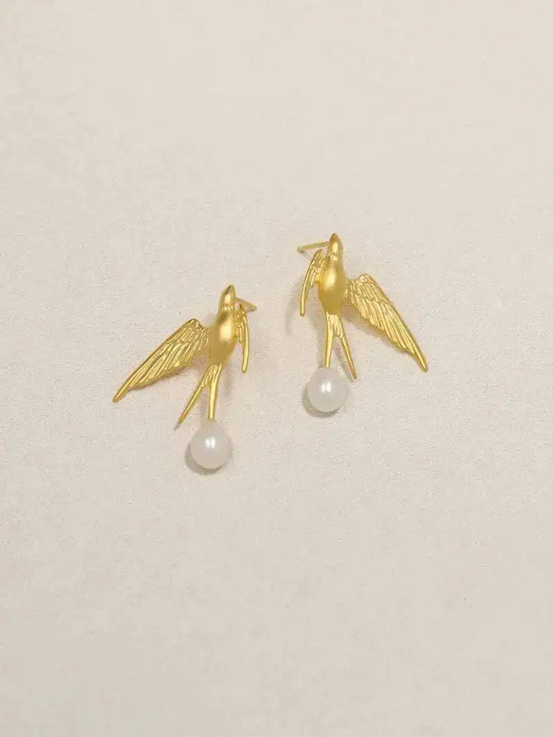 GEEZENCA 925 Silver Pearl 3D Swallow Bird Statement Earrings Women Designer Trendy Dainty Unique Stud Earring Party Gift For Her