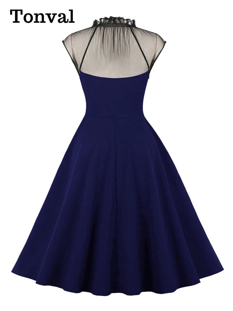 Tonval Stand Collar Button Front Mesh Patchwork Vintage Swing Dress Women Birthday Elegant Evening Party Dresses 2025 Spring