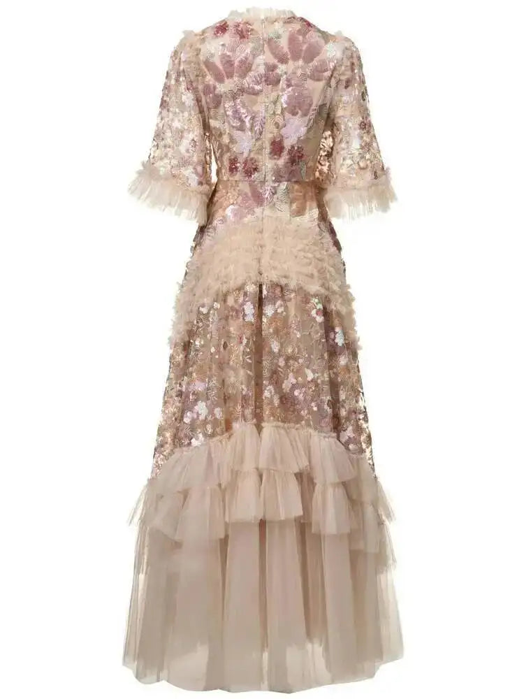 QMQA Fashion Women's Elegant Dress Embroidery Sequin Flare Sleeve Ruffle Puff Cake Dresses 2025 Summer New Female Clothing QM648
