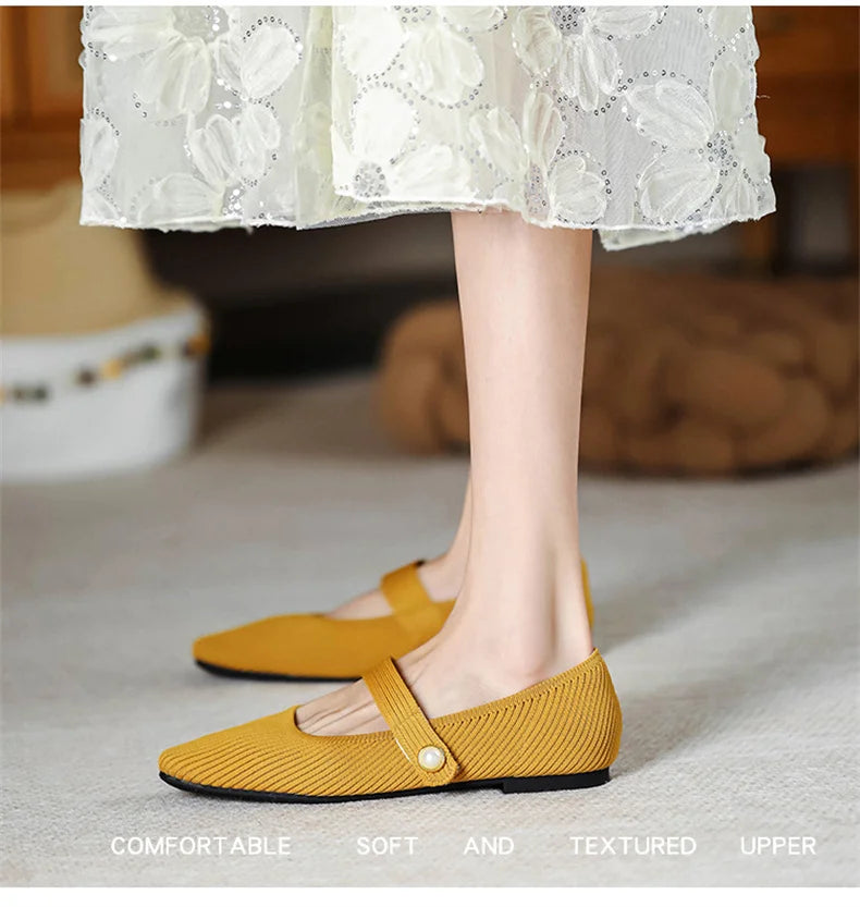 2024 Leisure Weaving Flats Women Ankle Strap Pearl Mary Stretch Fabric Ballerina  Knitting Moccasins  Mesh Ballet Solid Color