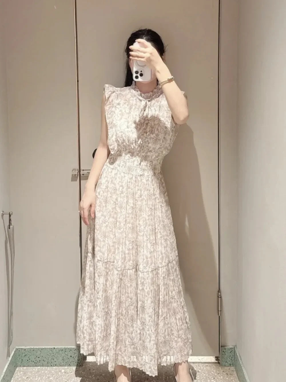 Neploe Fresh Mid-length Print High Waist Robe New Gentle Literary Lace Up Pleated Slim Exquisite Mujer Japan New Elegant Dress