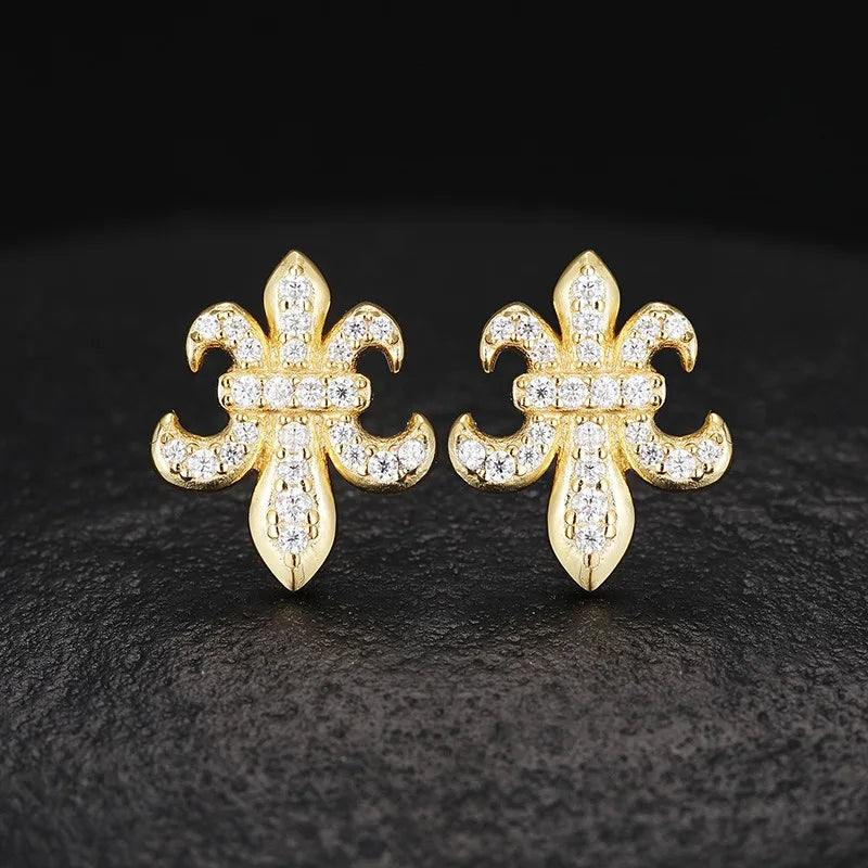 925 Sterling Silver D Color VVS Moissanite Fleur-De-Lis Stud Earrings for Women Fine Jewelry Diamond Ear Studs 14K Gold Plated