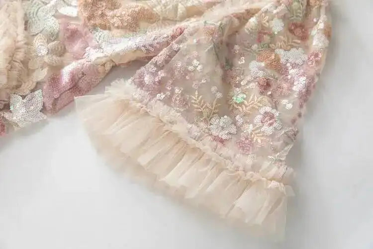 QMQA Fashion Women's Elegant Dress Embroidery Sequin Flare Sleeve Ruffle Puff Cake Dresses 2025 Summer New Female Clothing QM648