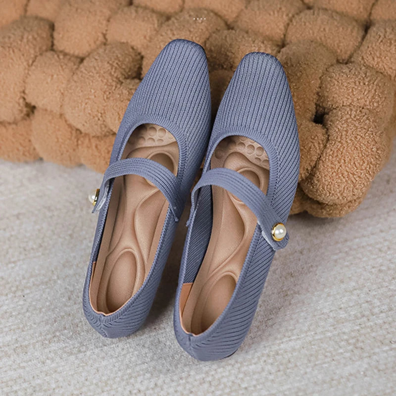 2024 Leisure Weaving Flats Women Ankle Strap Pearl Mary Stretch Fabric Ballerina  Knitting Moccasins  Mesh Ballet Solid Color