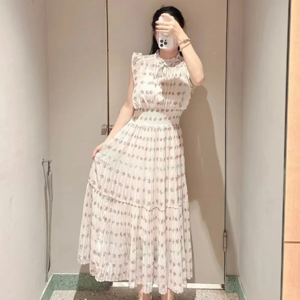 Neploe Fresh Mid-length Print High Waist Robe New Gentle Literary Lace Up Pleated Slim Exquisite Mujer Japan New Elegant Dress