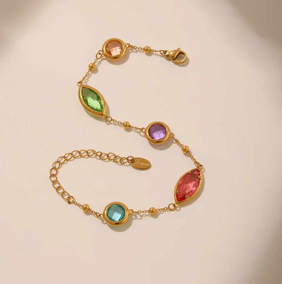 Stainless Steel Chain Necklaces Bracelet For Women 18k Gold Plated With Colorful Faceted Czech Glass Crystal Necklace Bracelets