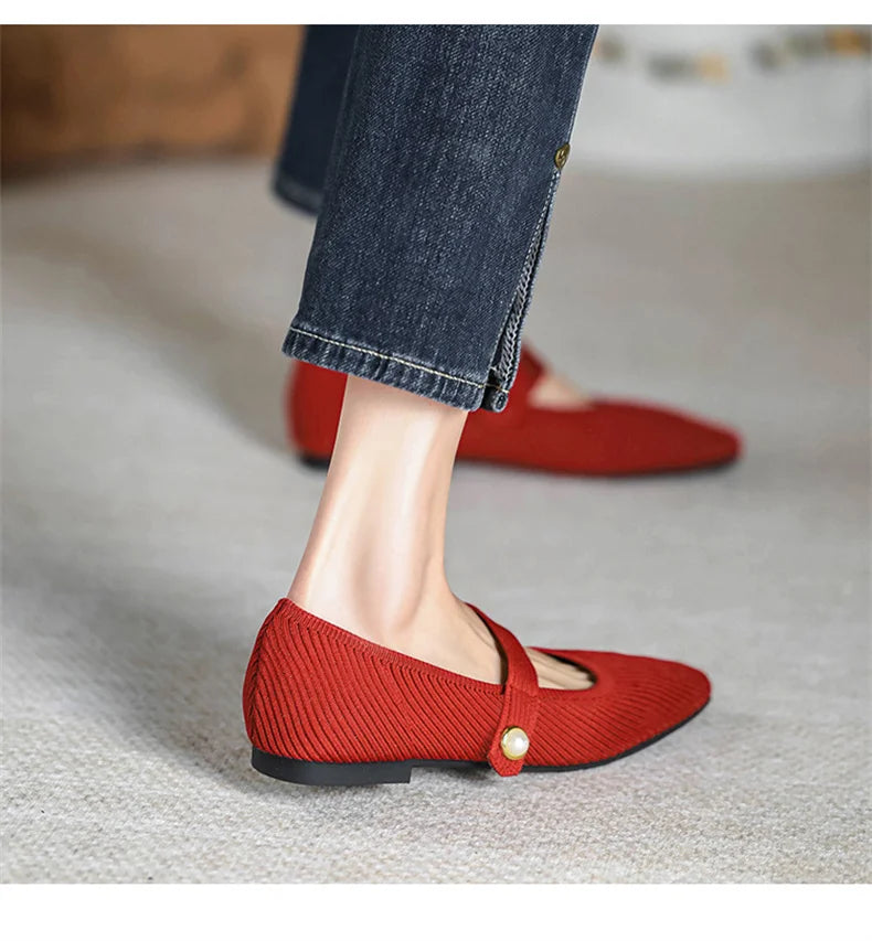 2024 Leisure Weaving Flats Women Ankle Strap Pearl Mary Stretch Fabric Ballerina  Knitting Moccasins  Mesh Ballet Solid Color