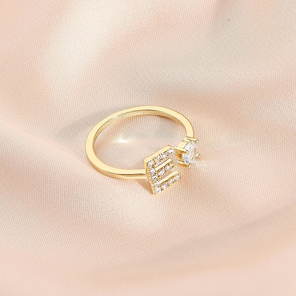 925 Sterling Silver Letter Gold Stackable Alphabet Rings with Initial Adjustable Crystal Inlaid Initial Rings Bridesmaid Gift