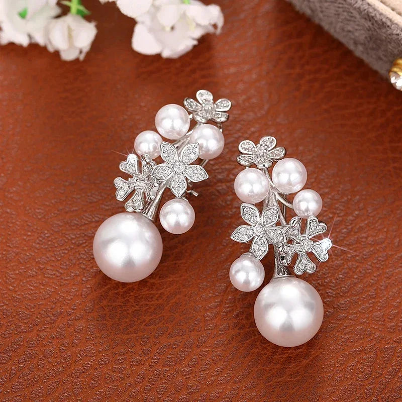 Huitan Trendy Simulated Pearl Women Drop Earrings Inlaid Sparkling CZ Flower Design Charming Party Daily Accessories Jewelry