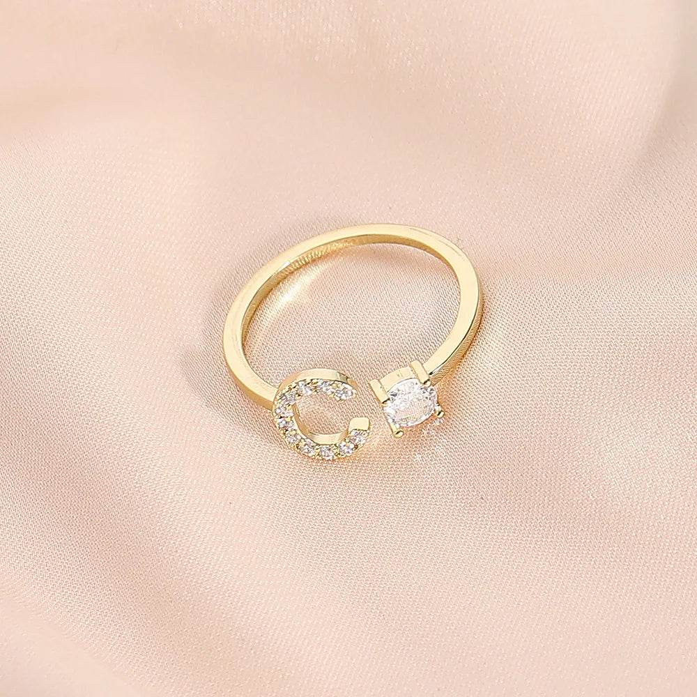 925 Sterling Silver Letter Gold Stackable Alphabet Rings with Initial Adjustable Crystal Inlaid Initial Rings Bridesmaid Gift