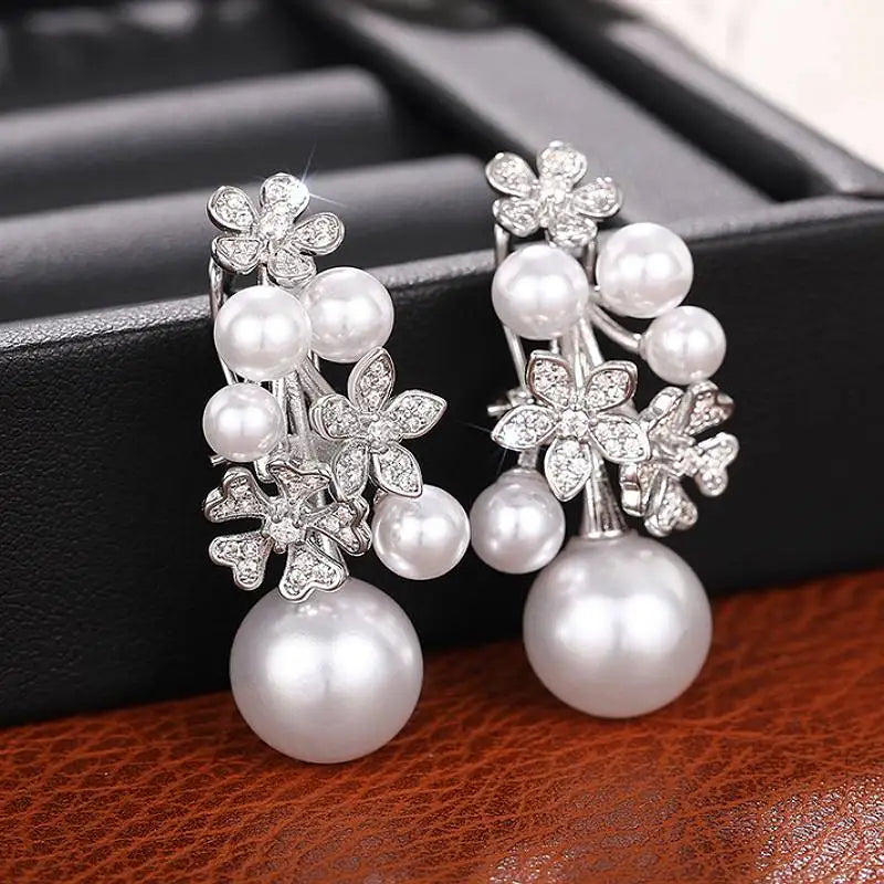 Huitan Trendy Simulated Pearl Women Drop Earrings Inlaid Sparkling CZ Flower Design Charming Party Daily Accessories Jewelry