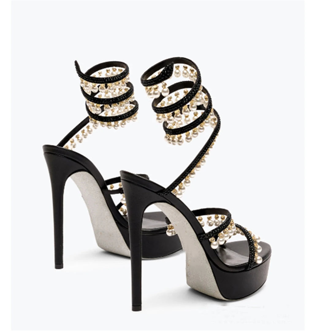 Summer new pearl rhinestone wrapped sexy waterproof platform sandals thin high-heeled banquet dress large size women's shoes