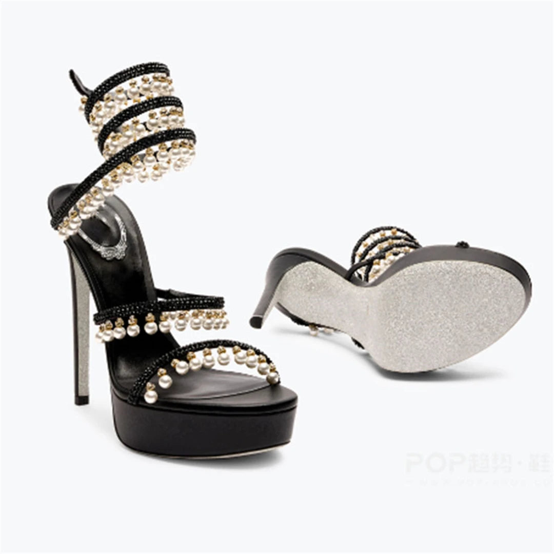 Summer new pearl rhinestone wrapped sexy waterproof platform sandals thin high-heeled banquet dress large size women's shoes