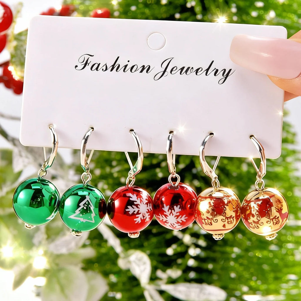 3 Pairs/Set Creative Acrylic Ball Hoop Earrings for Women Christmas Printing Snowflake Bell Ball Dangle Earring New Year Jewelry