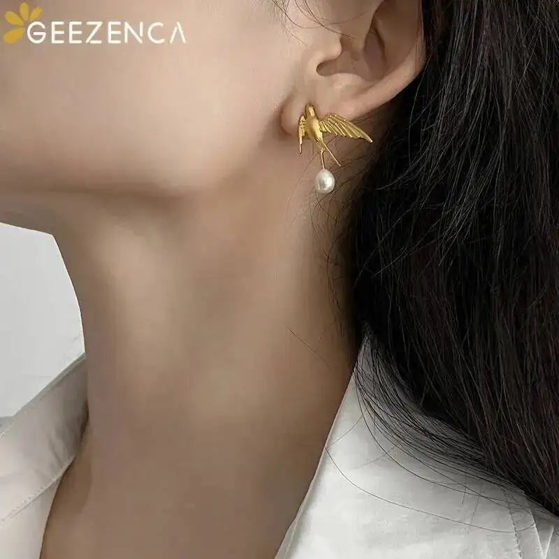 GEEZENCA 925 Silver Pearl 3D Swallow Bird Statement Earrings Women Designer Trendy Dainty Unique Stud Earring Party Gift For Her