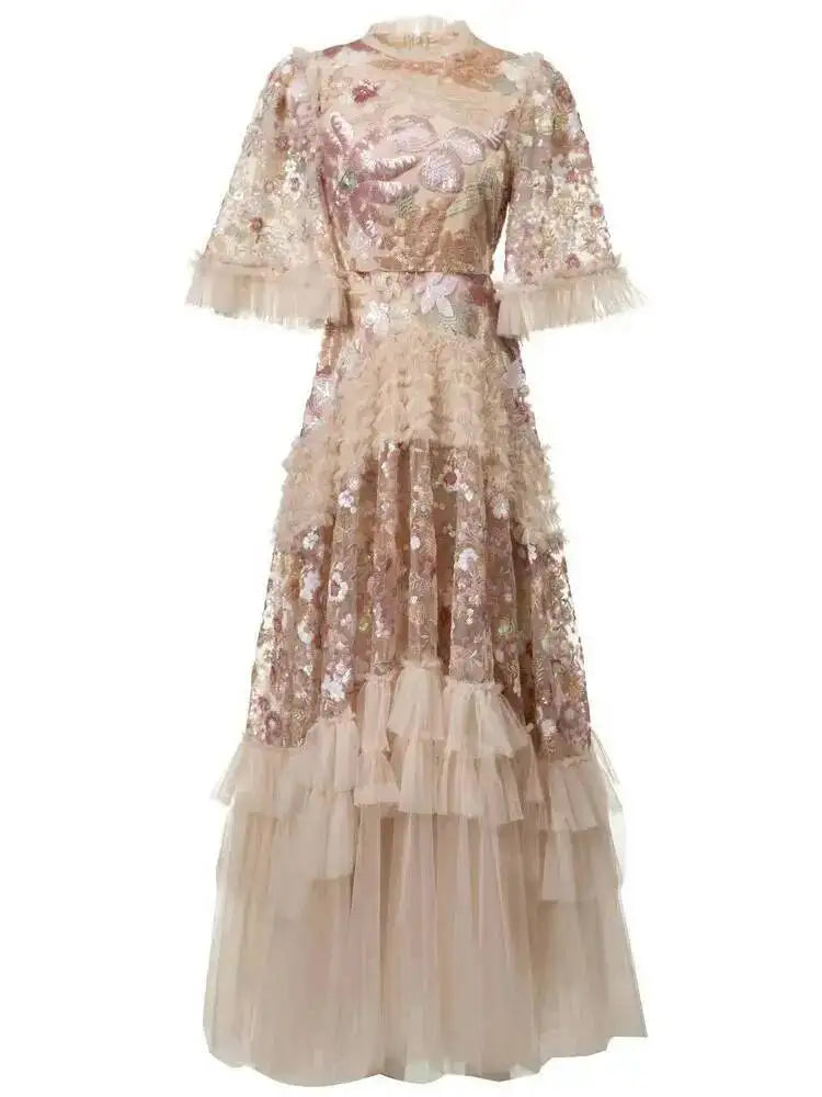 QMQA Fashion Women's Elegant Dress Embroidery Sequin Flare Sleeve Ruffle Puff Cake Dresses 2025 Summer New Female Clothing QM648
