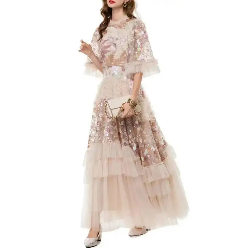 QMQA Fashion Women's Elegant Dress Embroidery Sequin Flare Sleeve Ruffle Puff Cake Dresses 2025 Summer New Female Clothing QM648
