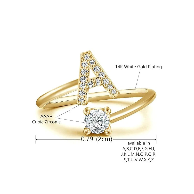 925 Sterling Silver Letter Gold Stackable Alphabet Rings with Initial Adjustable Crystal Inlaid Initial Rings Bridesmaid Gift