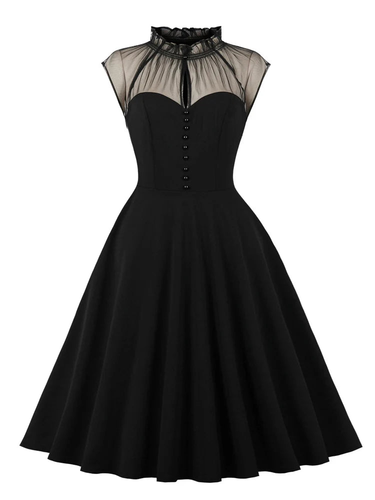 Tonval Stand Collar Button Front Mesh Patchwork Vintage Swing Dress Women Birthday Elegant Evening Party Dresses 2025 Spring
