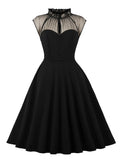 Tonval Stand Collar Button Front Mesh Patchwork Vintage Swing Dress Women Birthday Elegant Evening Party Dresses 2025 Spring