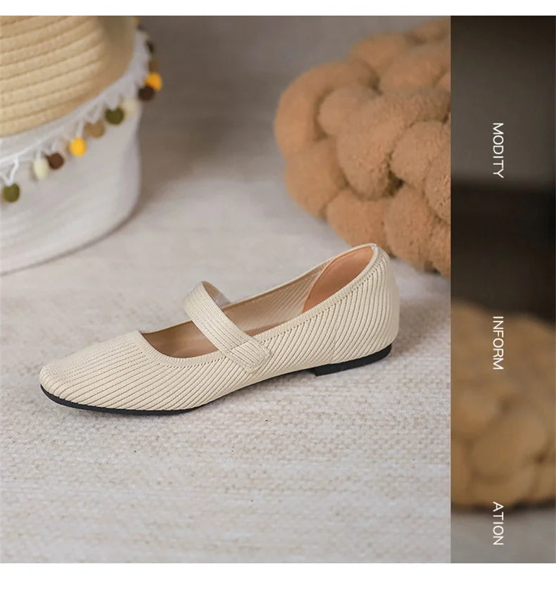 2024 Leisure Weaving Flats Women Ankle Strap Pearl Mary Stretch Fabric Ballerina  Knitting Moccasins  Mesh Ballet Solid Color