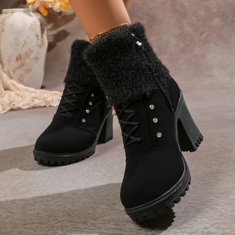 Square Heel Women Winter Shoes Classic Buckle Warm Fur Snow Ladies Boots High Heels Black Platform Ankle Boots Women Comfortable