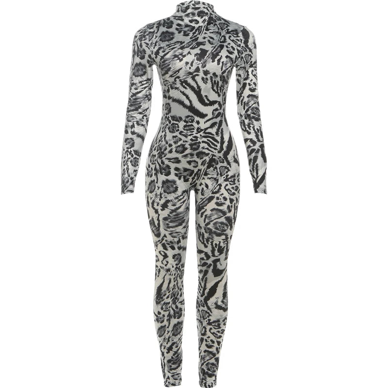 Sisterlinda Fitness Jumpsuit Women Sexy Zip Leopard Print Full Sleeve Streetwear Activity Workout Casual Tight Stretch Overalls