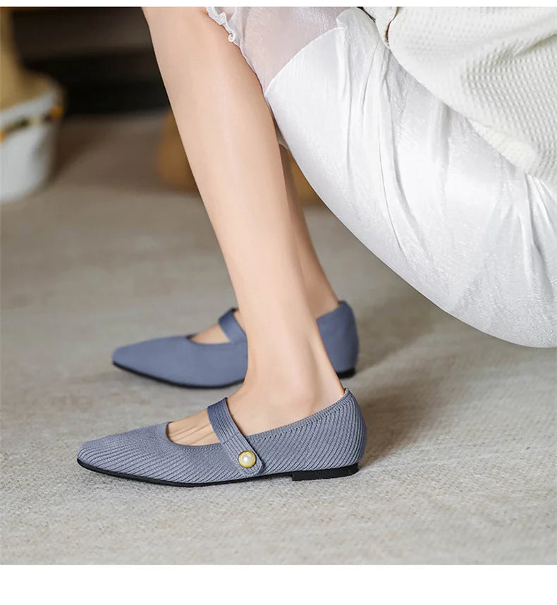 2024 Leisure Weaving Flats Women Ankle Strap Pearl Mary Stretch Fabric Ballerina  Knitting Moccasins  Mesh Ballet Solid Color