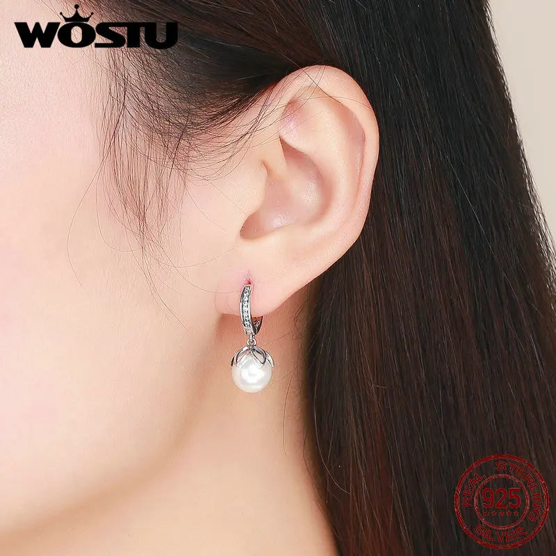 WOSTU Korean Fashion 925 Sterling Silver Freshwater Pearls Stud Earrings Zircon Silver Earrings For Women Wedding Jewelry CQE482